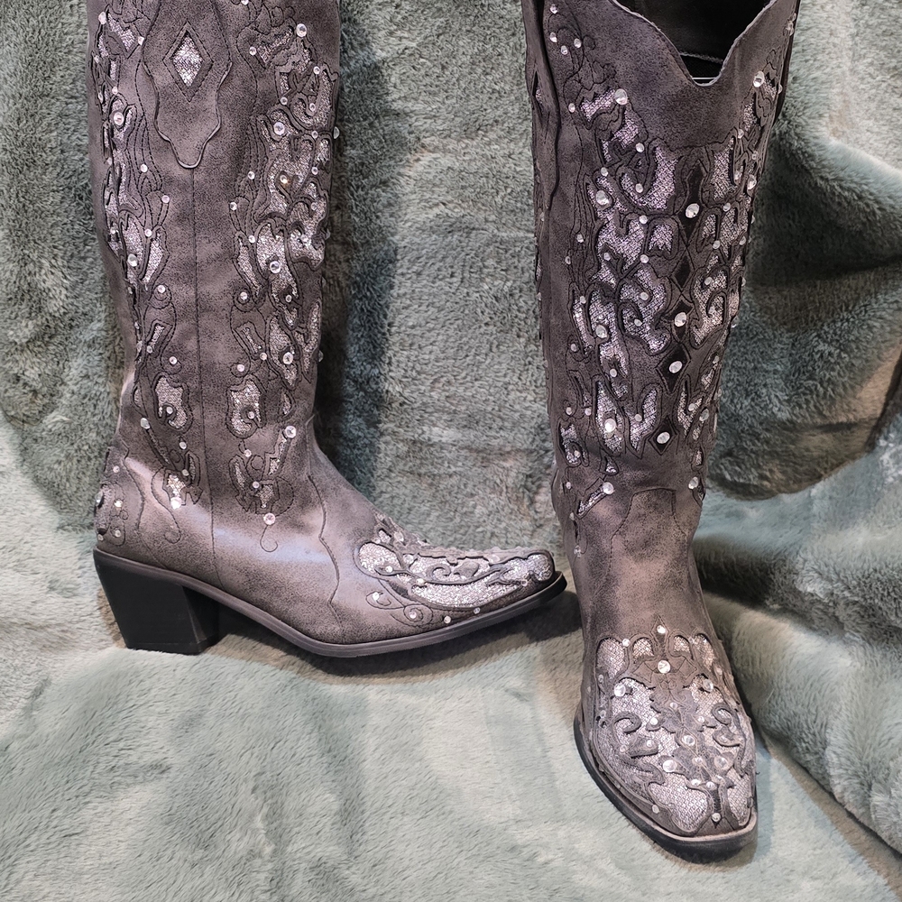 Amazon Gray Embellished Heeled Boots